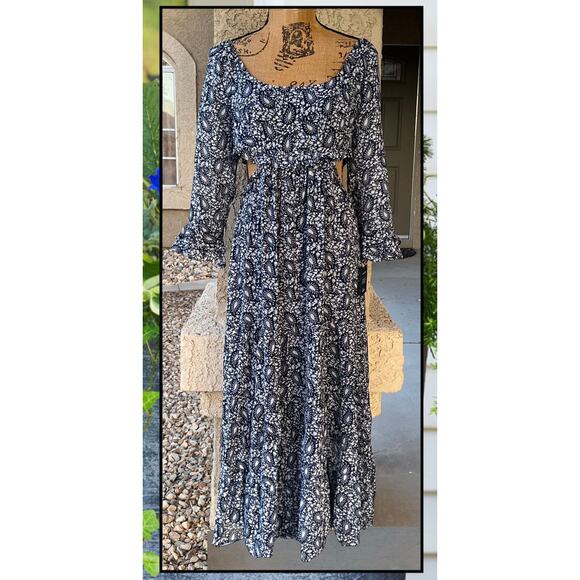 Lulus Blissful Sweetie Navy Blue Paisley Tiered Waist Cutouts Midi Dres Size M - Picture 2 of 11